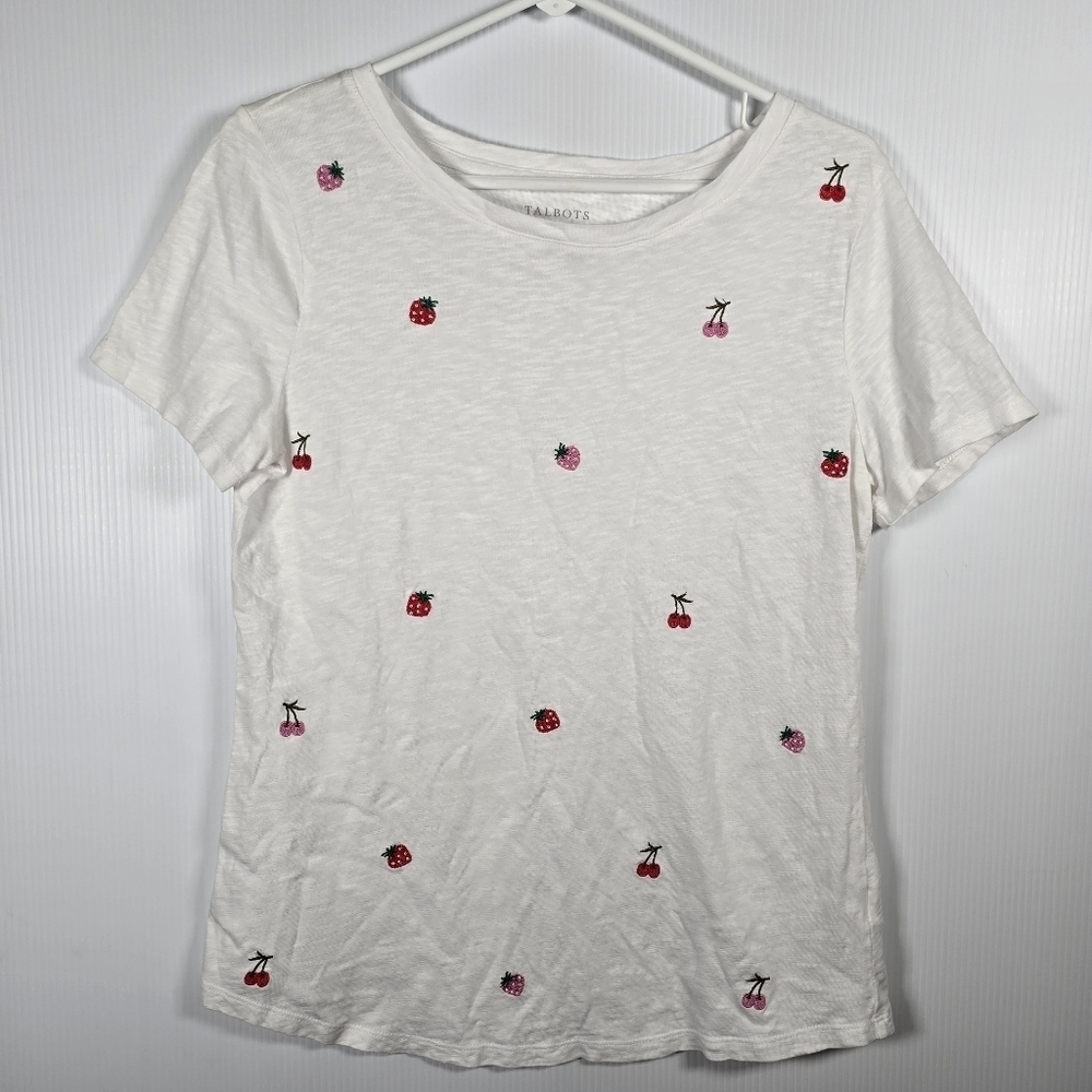 Talbots Womens Berry Crew Neck Short Sleeve 100% Cotton White T-Shirt Size M
